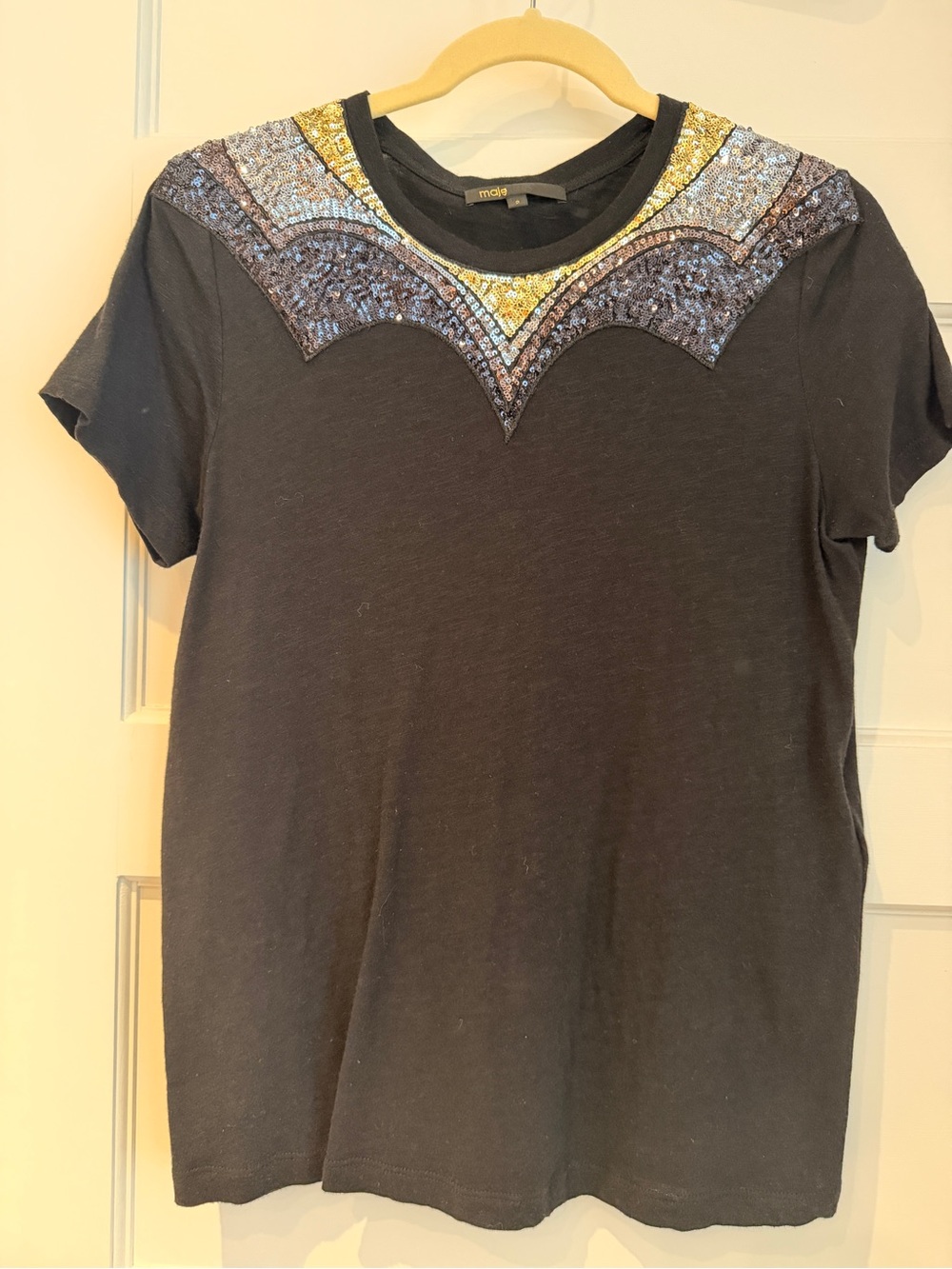 Maje Black Short-Sleeve Tee with Blue and Gold Sequin Yoke